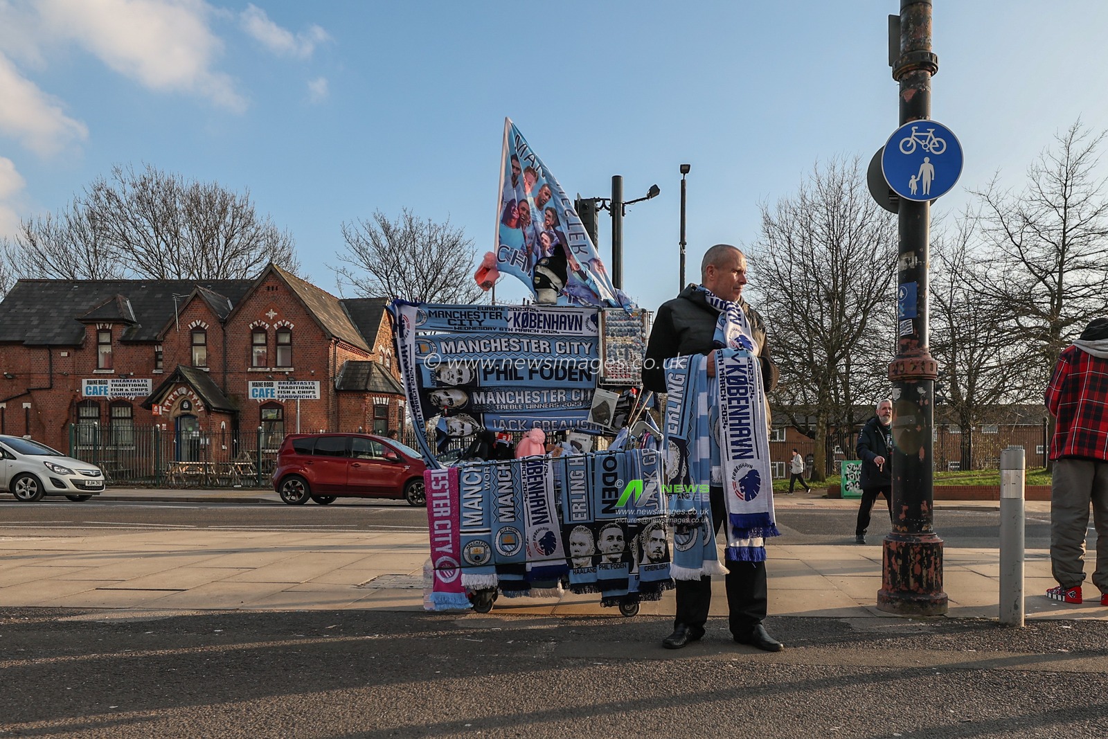 Scarves being sold outside the Etihad during the UEFA Champions League match Manchester City vs F.C. Copenhagen at Etihad Stadium, Manchester, United Kingdom, 6th March 2024

(Photo by Mark Cosgrove/News Images)