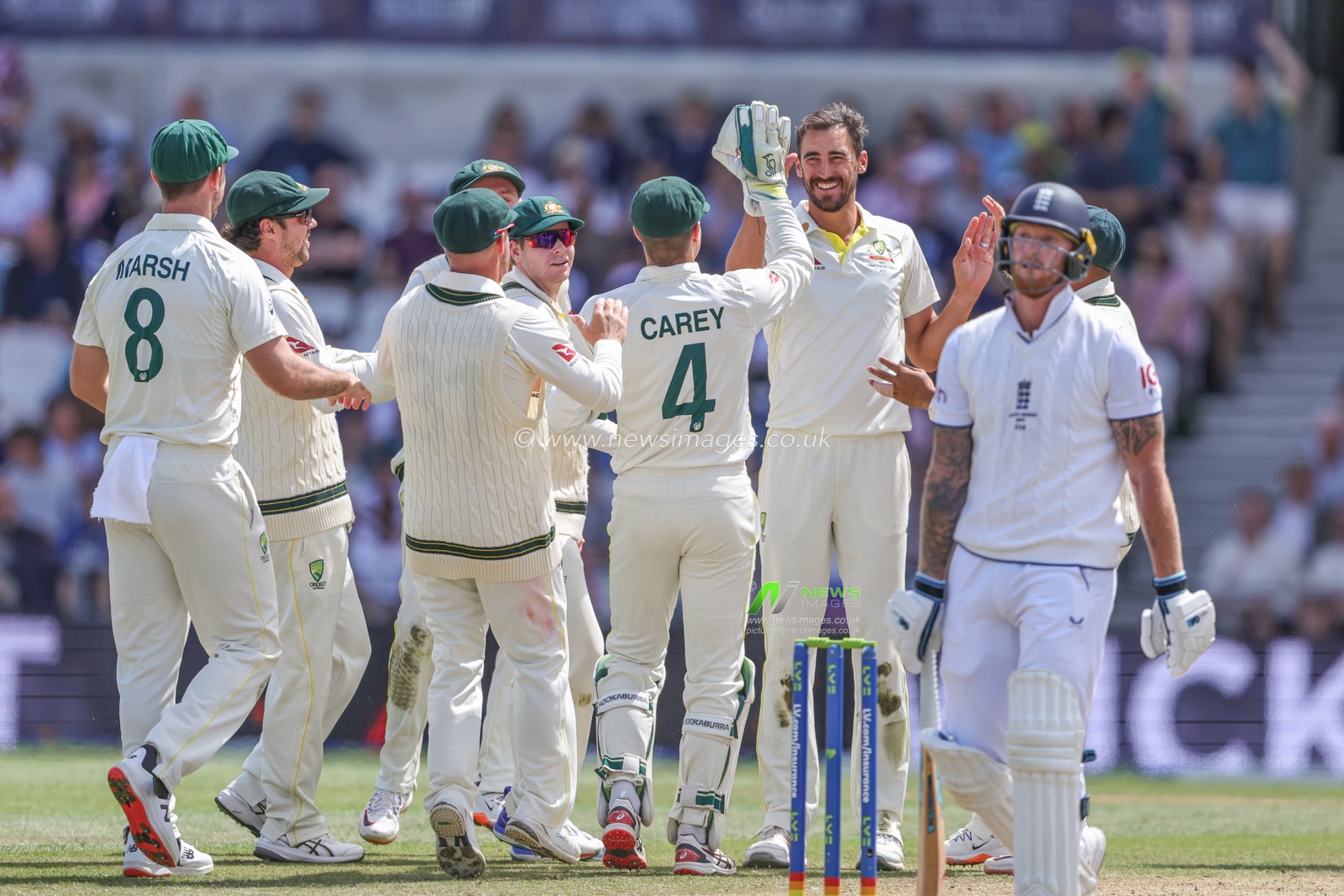Alex Carey of Australia celebrates the wicket of Ben Stokes of England with bowler Mitchell Starc of Australia during the LV= Insurance Ashes Third Test Series Day 4 England vs Australia at Headingley Stadium, Leeds, United Kingdom, 9th July 2023

(Photo by Mark Cosgrove/News Images)