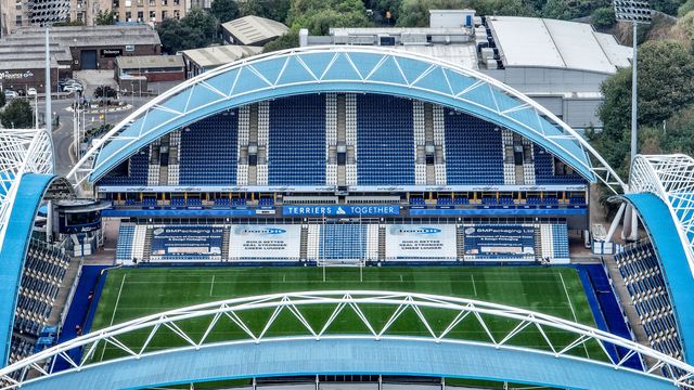An aerial view of Accu Stadium ahead of the Betfred Super League Round 23 match Huddersfield Giants vs Warrington Wolves at Accu Stadium, Huddersfield, United Kingdom, 24th August 2025

(Photo by Alfie Cosgrove/News Images)