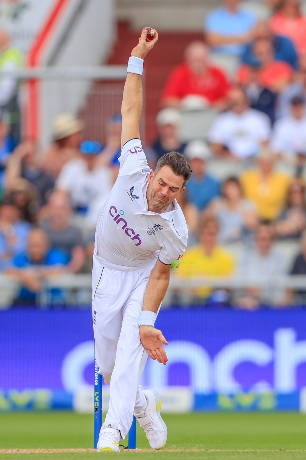 James Anderson of England delivers the ball during the LV= Insurance Ashes Fourth Test Series Day One England vs Australia at Old Trafford, Manchester, United Kingdom, 19th July 2023

(Photo by Conor Molloy/News Images)