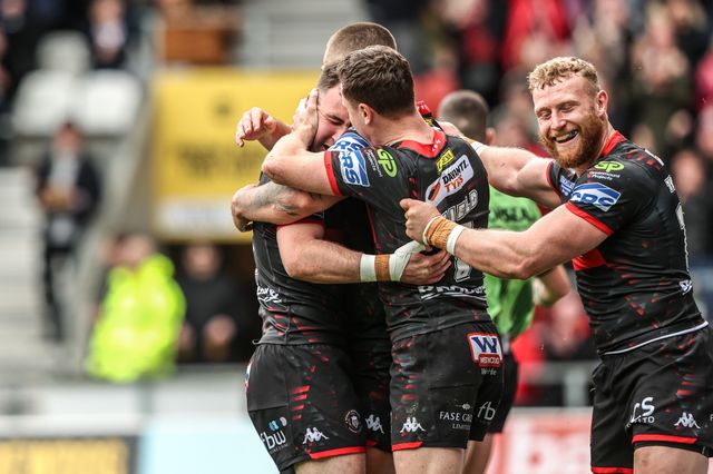 Harry Smith of Wigan Warriors celebrates his try during the Betfred Super League round 7 match St Helens vs Wigan Warriors at The BrewDog Stadium, St Helens, United Kingdom on 03 April 2026

(Photo by Alfie Cosgrove/News Images)