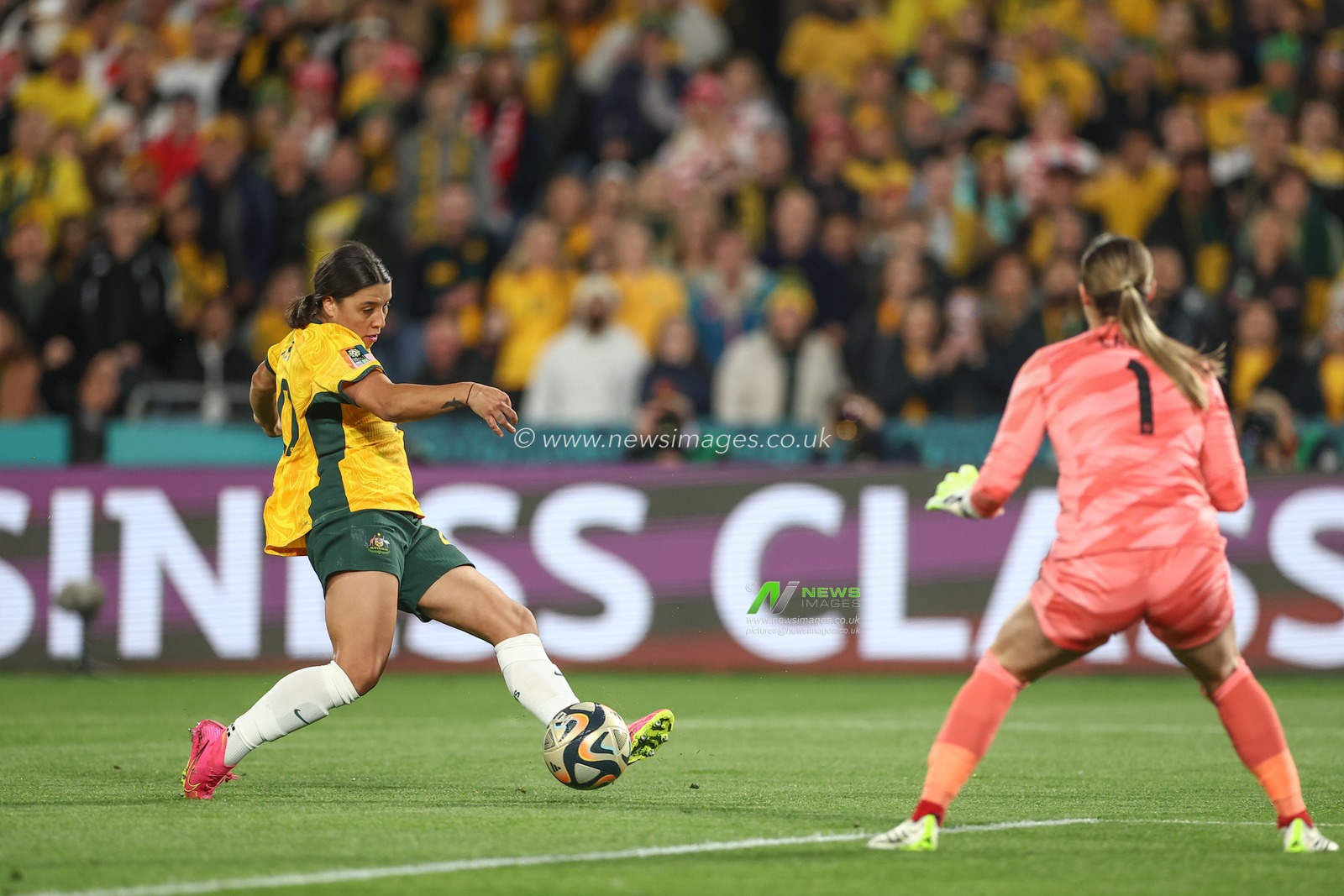 Sam Kerr #20 of Australia takes a shot at goal during the FIFA Women's World Cup 2023 Semi-Final match Australia Women vs England Women at Stadium Australia, Sydney, Australia, 16th August 2023

(Photo by Patrick Hoelscher/News Images)