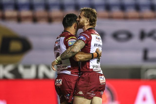 Bevan French of Wigan Warriors celebrates his try making it 4-0 during the Betfred Super League Semi Final 1 match Wigan Warriors vs Leigh Leopards at The Brick Community Stadium, Wigan, United Kingdom, 3rd October 2025

(Photo by Alfie Cosgrove/News Images)