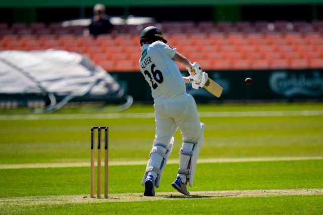 Ben Slater of Nottinghamshire hits the ball for four during Leicestershire County Cricket Club vs Nottinghamshire County Cricket Club in Country Cricket Division One Day 1 at Grace Road, Leicester, United Kingdom on 01 May 2026

(Photo by Maynard Manyowa/News Images)