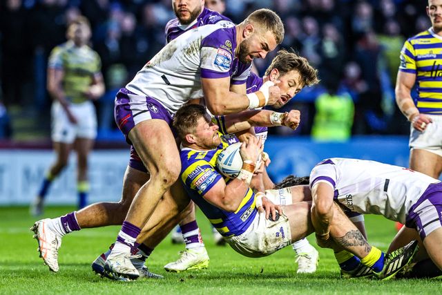 Luke Yates of Warrington Wolves is tackled by Isaiah Vagana of Wakefield Trinity during the Betfred Super League Round 3 match Warrington Wolves vs Wakefield Trinity at The Halliwell Jones Stadium, Warrington, United Kingdom on 28 February 2026

(Photo by Alfie Cosgrove/News Images)
