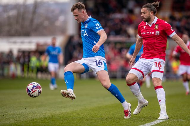 Stockport County's Callum Connolly controls the ball during the Sky Bet League 1 match Wrexham vs Stockport County at SToK Cae Ras, Wrexham, United Kingdom, 22nd March 2025

(Photo by Nik Mesney/News Images)
