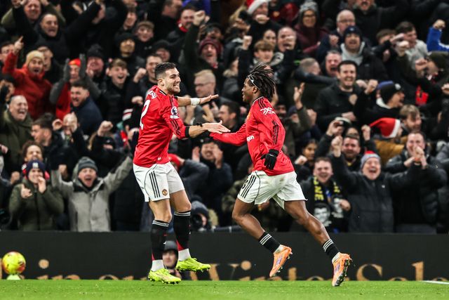 Patrick Dorgu of Manchester Untied celebrates his goal to make it 1-0 during the Premier League match Manchester United vs Newcastle United at Old Trafford, Manchester, United Kingdom, 26th December 2025

(Photo by Alfie Cosgrove/News Images)

*** GER AUT SUI OUT ***