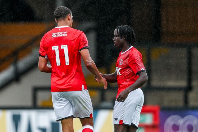 Miles Leaburn of Charlton Athletic celebrates his goal with teammates to make it 1-0 during the Pre-season friendly match Cambridge United vs Charlton Athletic at Abbey Stadium, Cambridge, United Kingdom, 26th July 2025

(Photo by Izzy Poles/News Images)