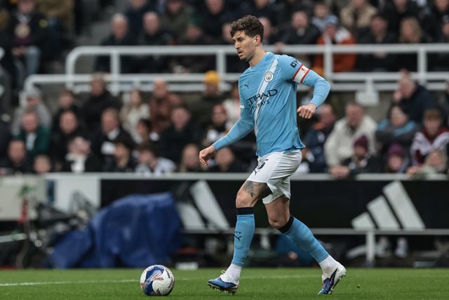 John Stones of Manchester City with the ball during the Emirates FA Cup 5th Round  match Newcastle Untied vs Manchester City at St. James's Park, Newcastle, United Kingdom on 07 March 2026

(Photo by Mark Cosgrove/News Images)