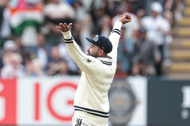 Mohammed Siraj of India catches out Chris Woakes of England during the 2nd Rothesay Test Match day 5 England v India at Edgbaston, Birmingham, United Kingdom, 6th July 2025

(Photo by Mark Cosgrove/News Images)