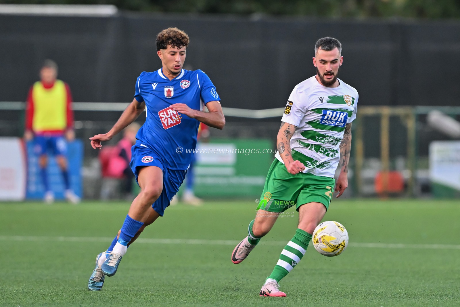 Leo Smith of The New Saints and Amine Benchaib of FK PanevÄ—Å¾ys chases down the ball during the UEFA Conference League match The New Saints vs FK PanevÄ—Å¾ys at Park Hall Stadium, Oswestry, United Kingdom, 29th August 2024

(Photo by Cody Froggatt/News Images)