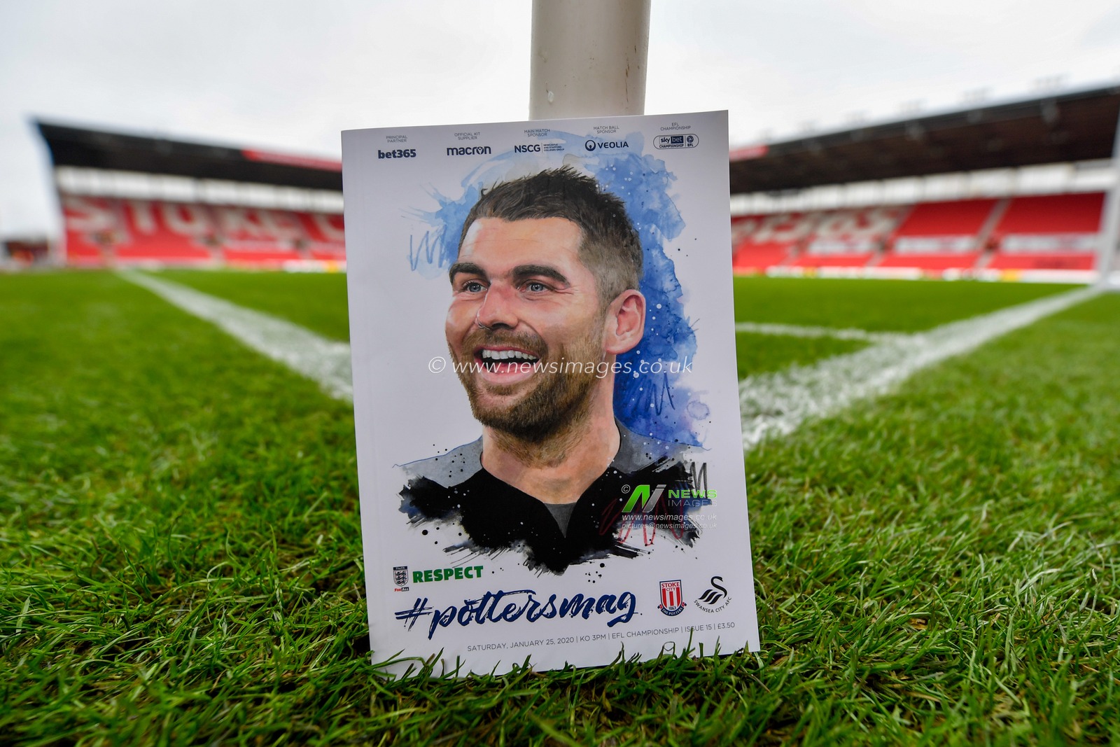 25th January 2020, Bet365 Stadium, Stoke-on-Trent, England; Sky Bet Championship, Stoke City v Swansea City : The match day programme leans against a corner flag post