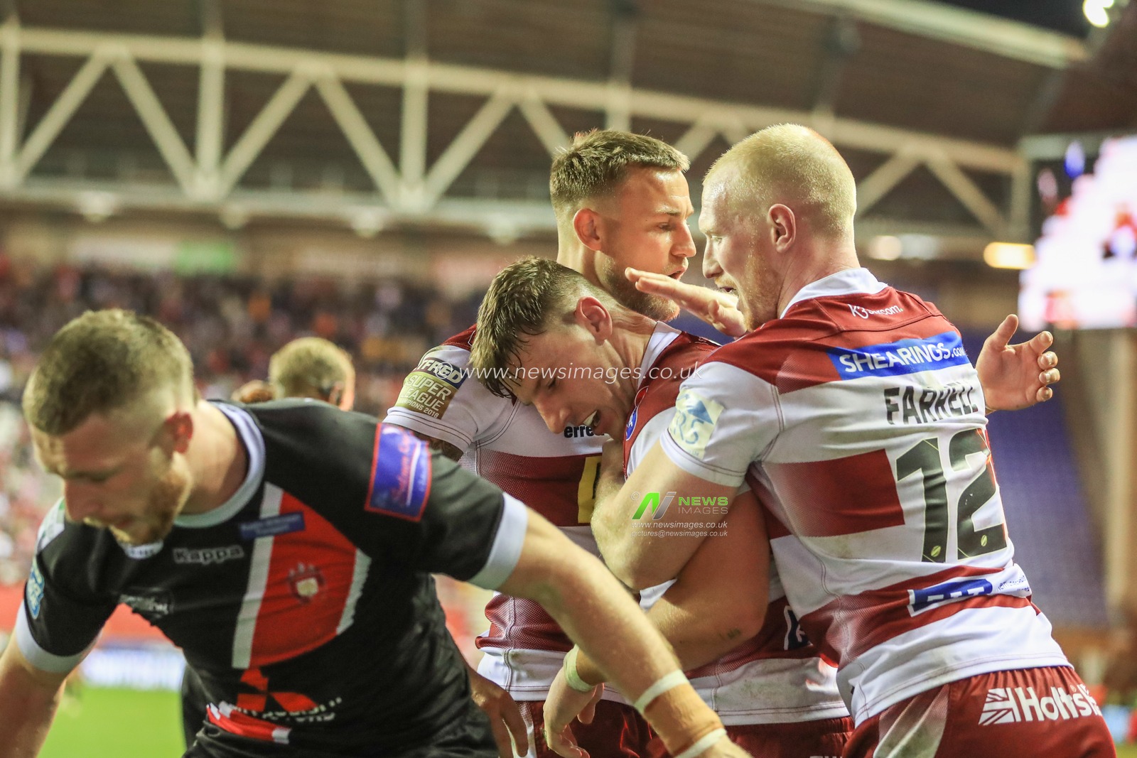 20th September 2019 , DW Stadium, Wigan, England;  Betfred Super League, Round Playoffs, Wigan Warriors vs Salford Red Devils ; George Williams (6) of Wigan Warriors celebrates his try 


Credit: Mark Cosgrove/News Images