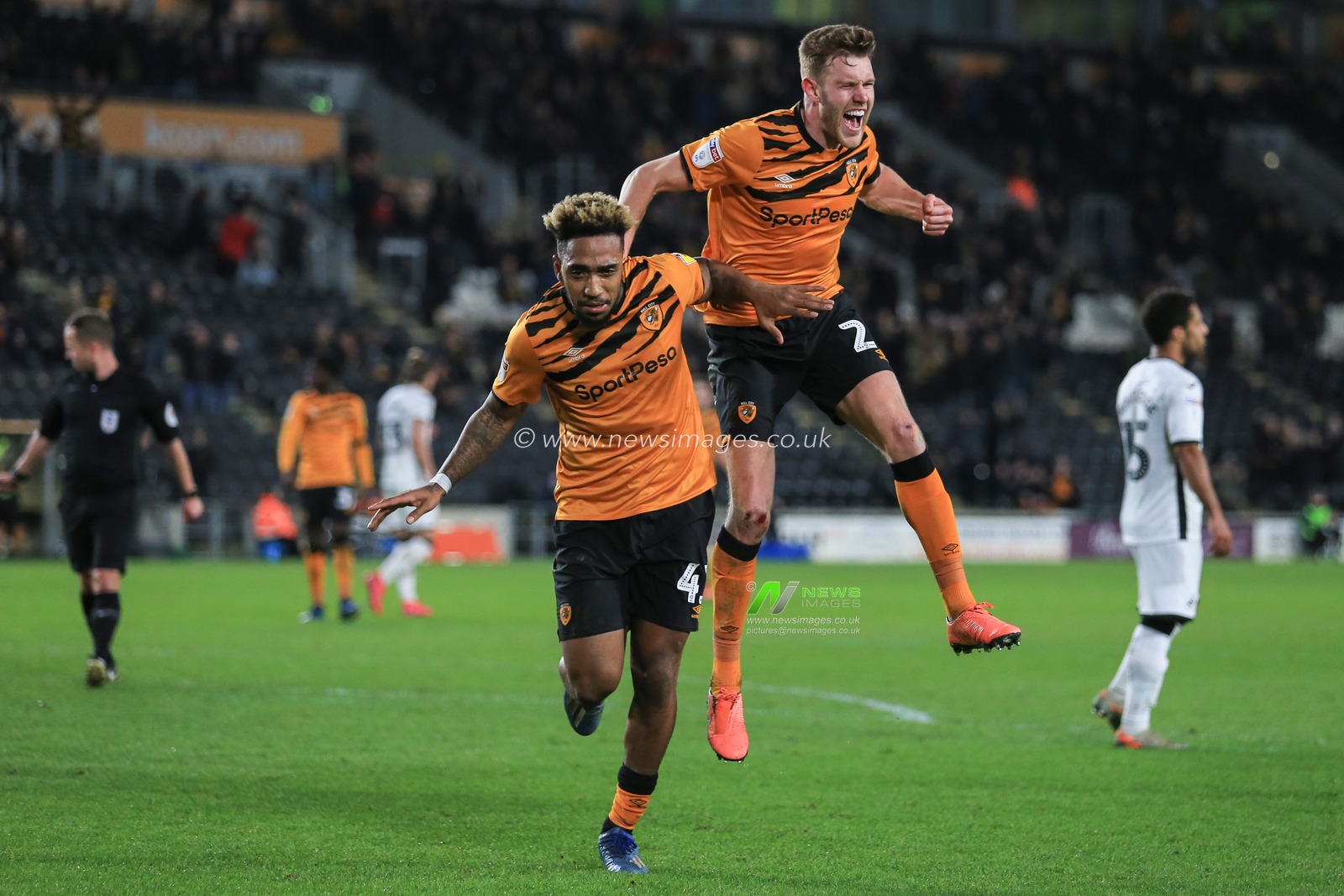 14th February 2020, KC Stadium, Kingston upon Hull, England; Sky Bet Championship, Hull City v Swansea City : Mallik Wilks (43) of Hull City celebrates his goal with Callum Elder (26) of Hull City to make it 3-2