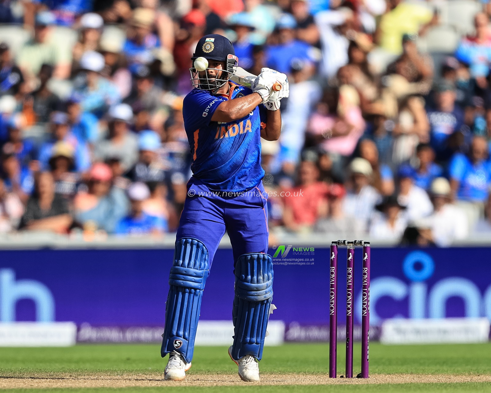 Rishabh Pant of India pulls away from a ball delivered by Ben Stokes of England