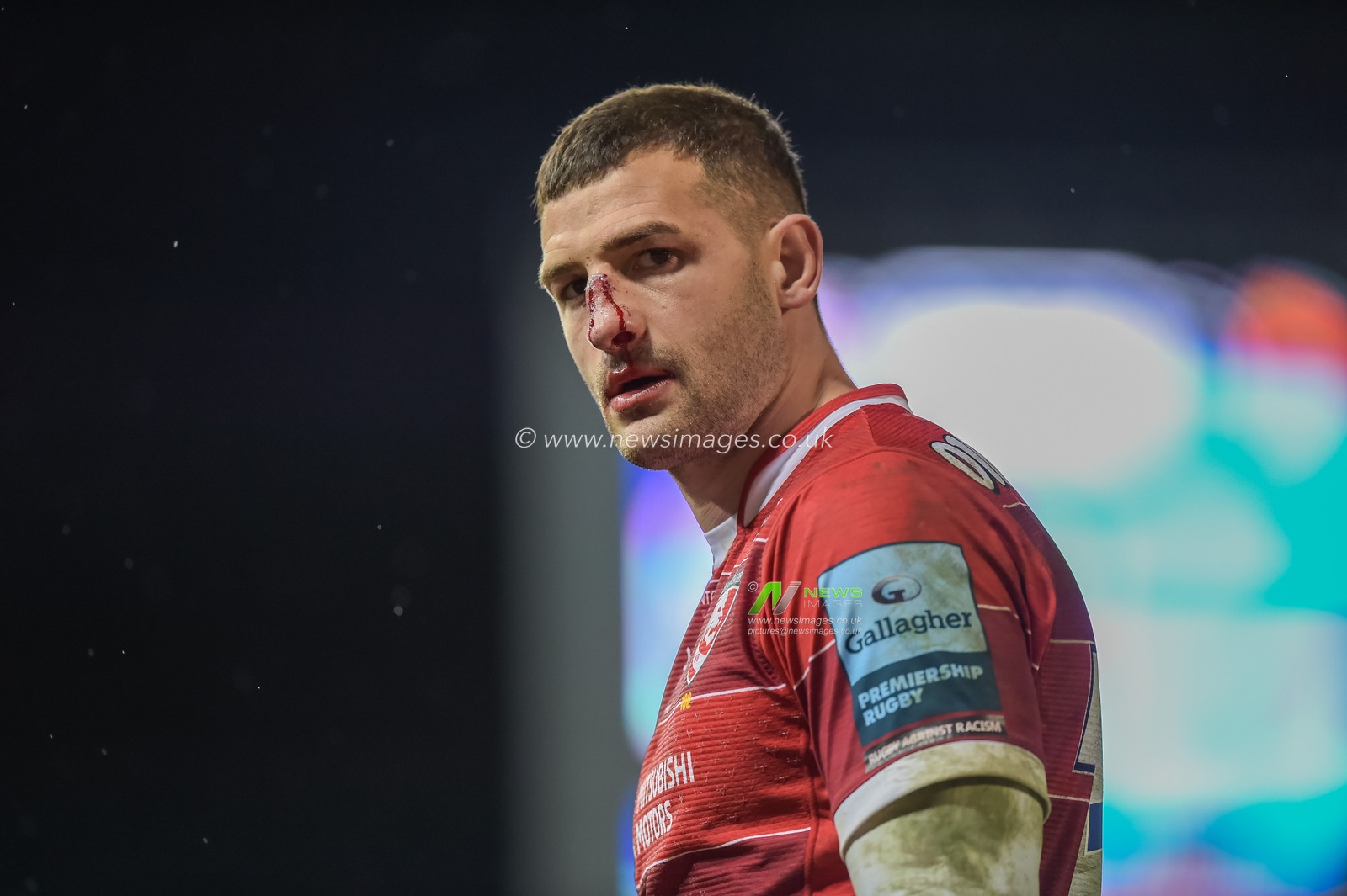 jonny may #11 of gloucester rugby showing how much of a battle this fixture was with Exeter Chiefs