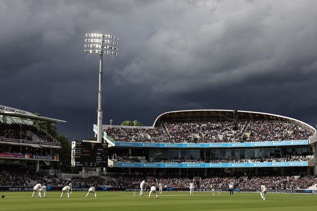 Summer storm clouds loom over Lords as England bat and New Zealand field during the 1st Rothesay Test Match Day 1 England vs New Zealand at Lords, London, United Kingdom on 04 June 2026

(Photo by Mark Cosgrove/News Images)