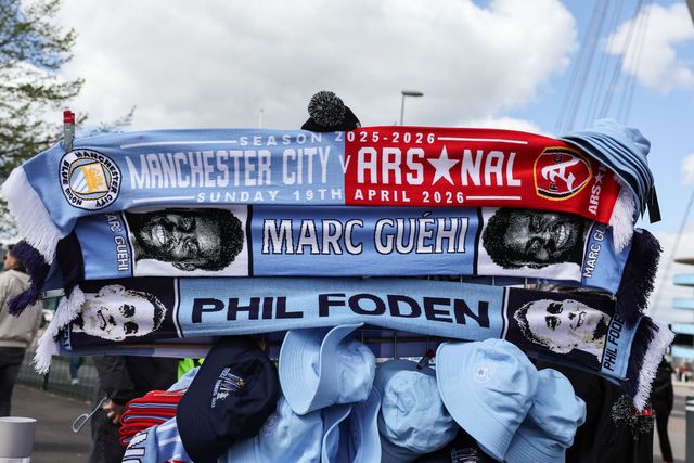 Manchester City v Arsenal scarfs on sale during the Premier League match Manchester City vs Arsenal at Etihad Stadium, Manchester, United Kingdom on 19 April 2026

(Photo by Mark Cosgrove/News Images)
