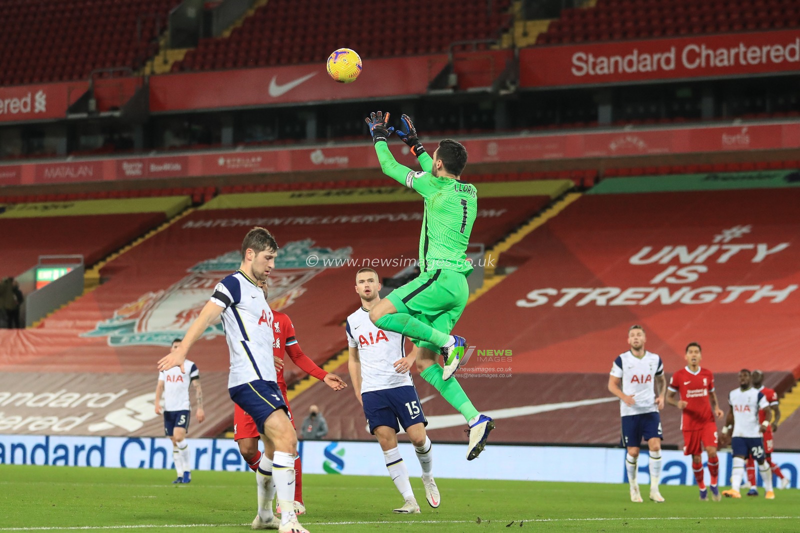 Hugo Lloris #1 of Tottenham Hotspur catches the high-ball