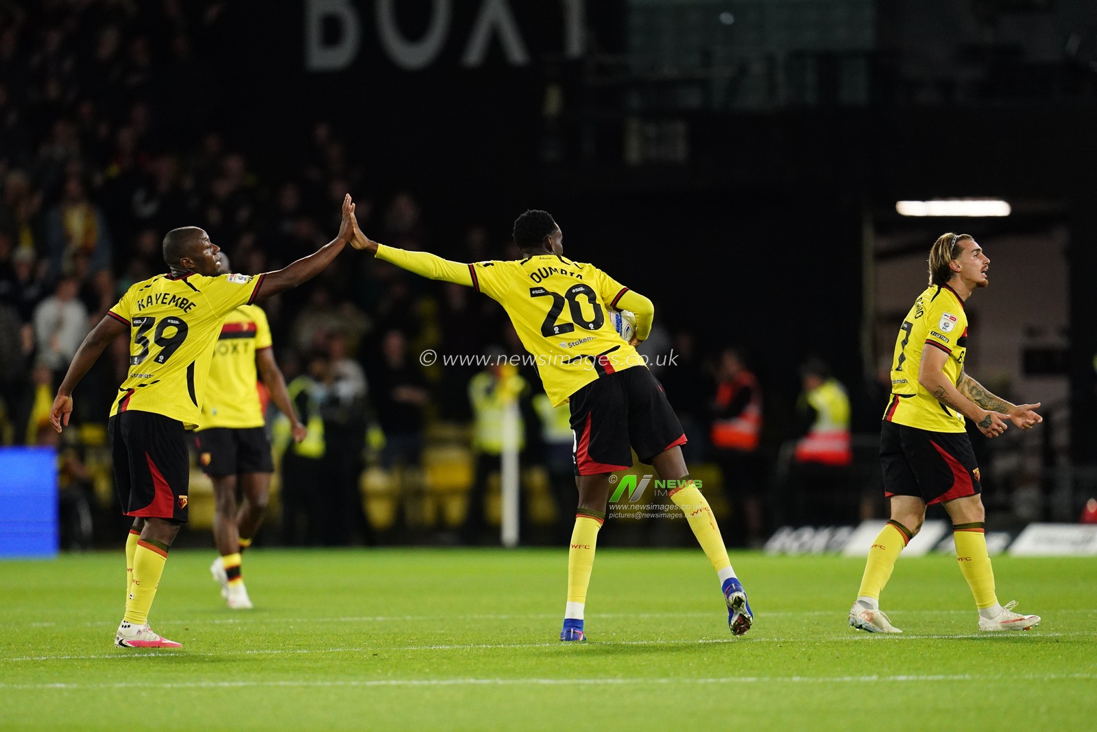 Mamadou Doumbia of Watford and Edo Kayembe of Watford celebrate 1-1 during the Sky Bet Championship match Watford vs Preston North End at Vicarage Road, Watford, United Kingdom on 08 September 2026

(Photo by Harvey Murphy/News Images)