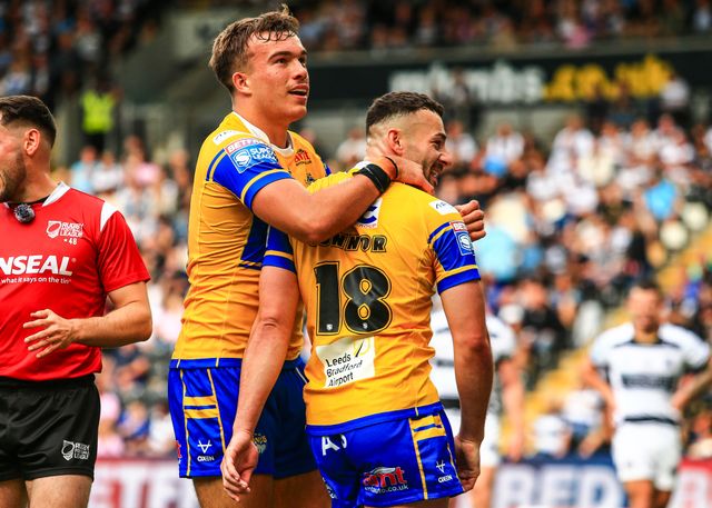 Jake Connor of Leeds Rhinos celebrates during the Betfred Super League Round 24 match Hull FC vs Leeds Rhinos at MKM Stadium, Hull, United Kingdom, 30th August 2025

(Photo by Richard Bierton/News Images)