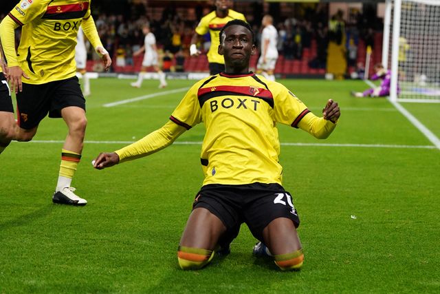 Mamadou Doumbia of Watford celebrates 2-1 lead during the Sky Bet Championship match Watford vs Preston North End at Vicarage Road, Watford, United Kingdom on 08 September 2026

(Photo by Harvey Murphy/News Images)