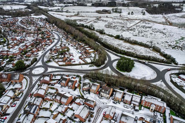 Aerial views of snow covered roundabout near Newport, Shropshire, after Storm Goretti caused disruption across the area, Newport, Telford and Wrekin, United Kingdom, January 9, 2026.

(Photo by Euan Manning/News Images)

*** GER AUT SUI OUT ***