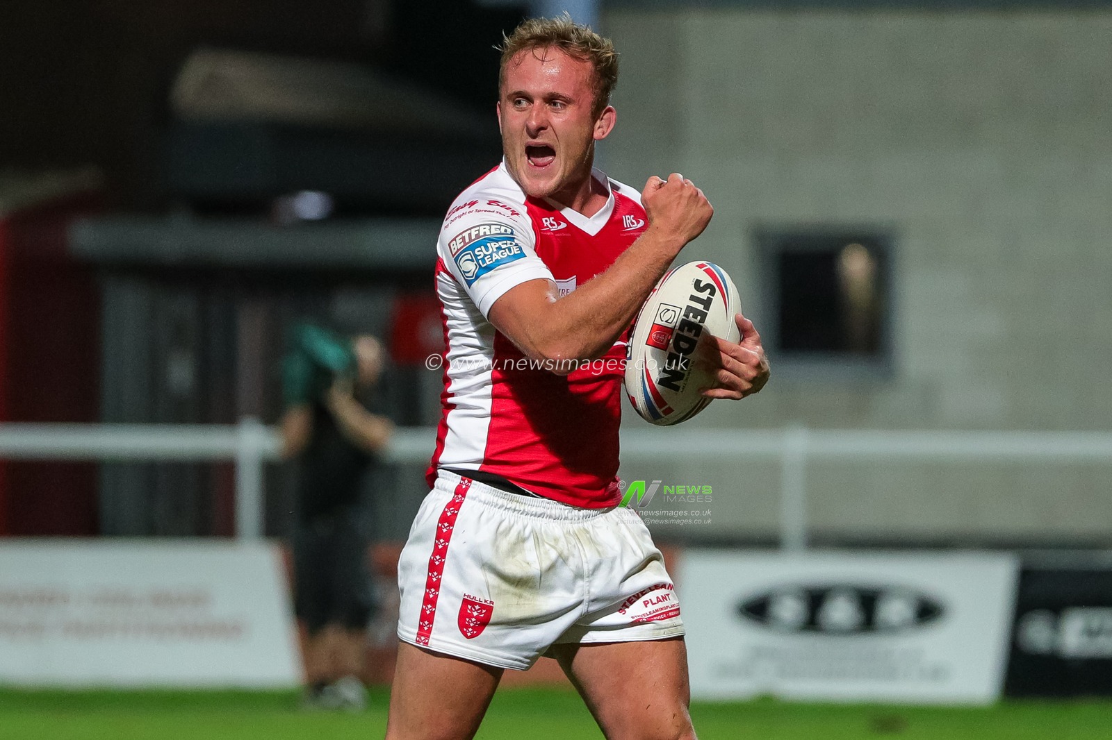 Jez Litten #14 of Hull KR celebrates his try and makes the score 50-4 in the second half of the Betfred Super League Round 23 match Hull KR vs Leigh Leopards at Sewell Group Craven Park, Kingston upon Hull, United Kingdom, 25th August 2023

(Photo by James Heaton/News Images)