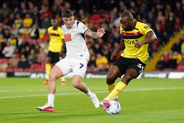 Alfie Devine of Preston North End and Edo Kayembe of Watford during the Sky Bet Championship match Watford vs Preston North End at Vicarage Road, Watford, United Kingdom on 08 September 2026

(Photo by Harvey Murphy/News Images)