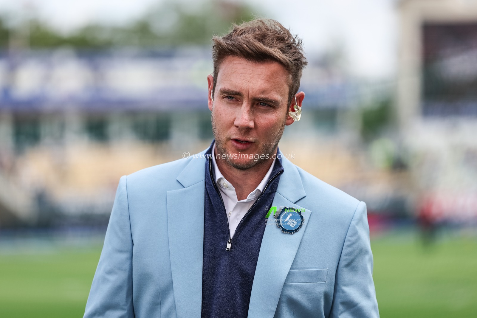 Stuart Broad is dressed in blue for Blue for Bob day as he presents for Sky Sports Cricket  during the 1st Metro Bank ODI England vs West Indies at Edgbaston, Birmingham, United Kingdom, 29th May 2025

(Photo by Mark Cosgrove/News Images)