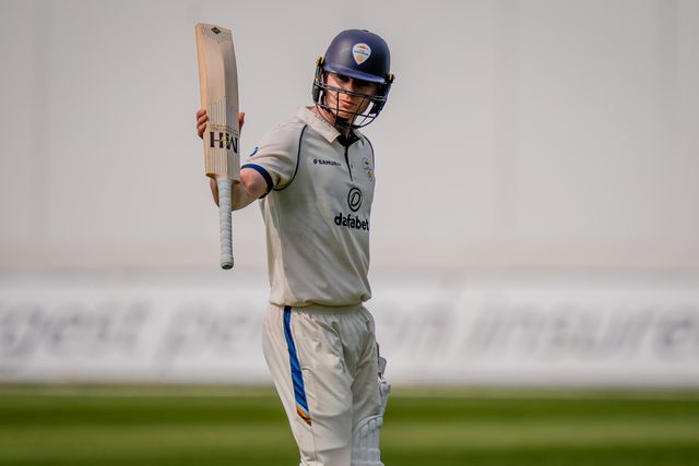 Brooke Guest raises his bat to salute the crowd after scoring a hundred and being dismissed during the County Championship Division Two Derbyshire vs Northamptonshire day one match at The Central Co-Op County Ground, Derby, United Kingdom on 09 May 2026

(Photo by Maynard Manyowa/News Images)