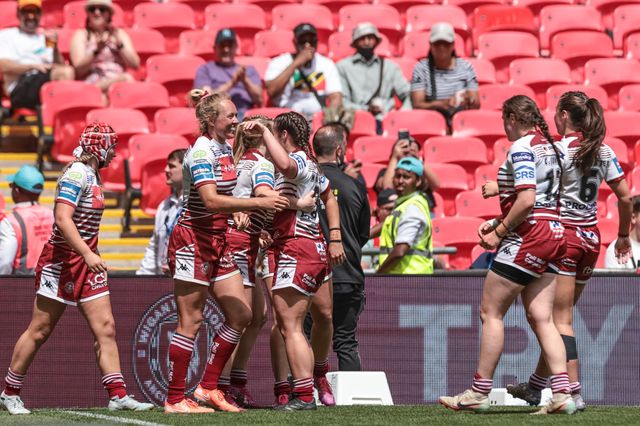 Grace Banks of Wigan Warriors celebrates her try during the Betfred Women's Challenge Cup Final Wigan Warriors vs St Helens at Wembley Stadium, London, United Kingdom on 30 May 2026

(Photo by Mark Cosgrove/News Images)