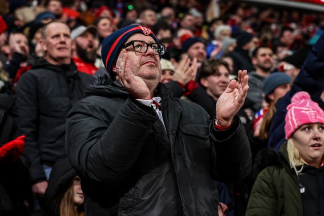 Hull KR fans celebrate a try from Tom Amone of Hull KR during the World Club Challenge 2026 match Hull KR vs Brisbane Broncos at MKM Stadium, Hull, United Kingdom on 19 February 2026

(Photo by Alfie Cosgrove/News Images)