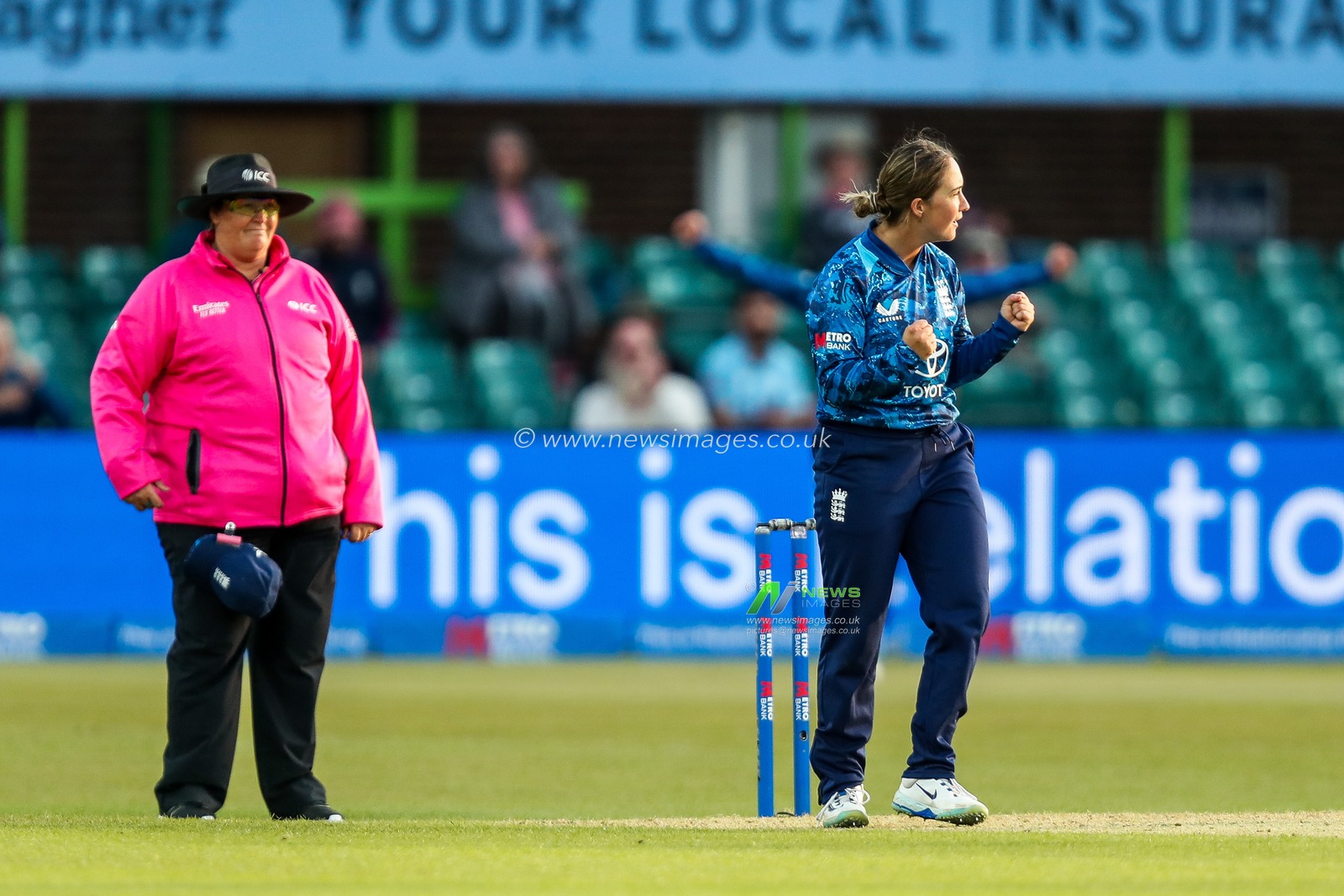 Alice Capsey of England Women celebrates after the teams victory following the 2nd Metro Bank ODI Day International England Women v West Indies Women at Uptonsteel County Ground, Leicester, United Kingdom, 4th June 2025

(Photo by Izzy Poles/News Images)