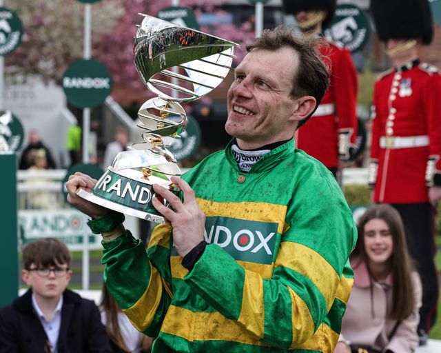 Paul Townend stares at the Grand National Trophy after winning for the second time on I Am Maximus in the 16:00 Randox Grand National Handicap Chase during the 2026 Randox Grand National Day at Aintree Racecourse, Aintree, United Kingdom on 11 April 2026

(Photo by Mark Cosgrove/News Images)