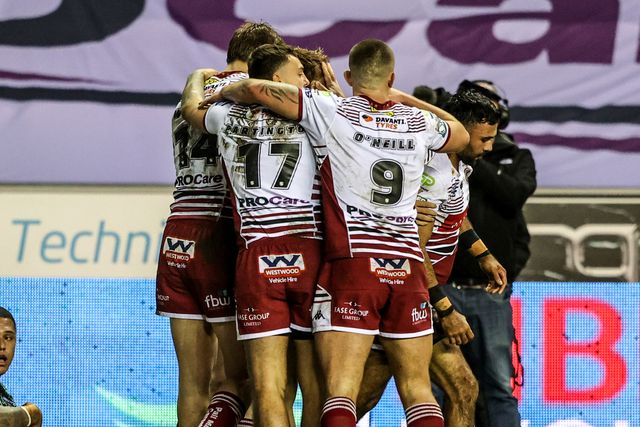Bevan French of Wigan Warriors celebrates his try during the Betfred Super League match Wigan Warriors vs Leigh Leopards at The Brick Community Stadium, Wigan, United Kingdom on 26 February 2026

(Photo by Alfie Cosgrove/News Images)