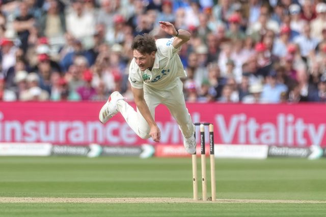 Nathan Smith of New Zealand loses his balance after delivering the ball and ends up on the floor during the 1st Rothesay Test Match Day 2 match England vs New Zealand at Lords, London, United Kingdom on 05 June 2026

(Photo by Mark Cosgrove/News Images)