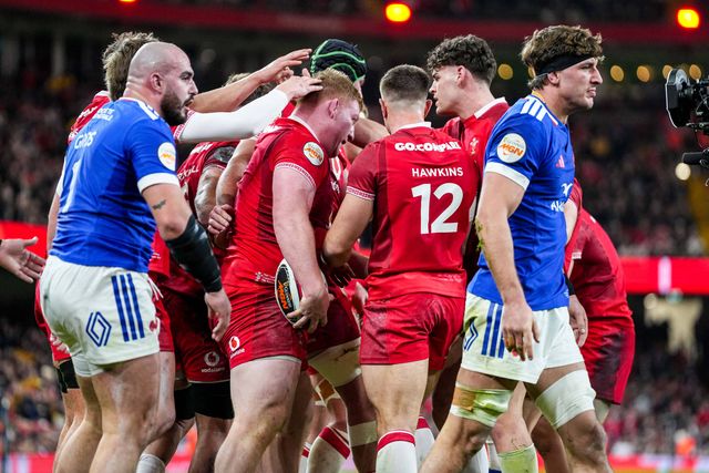 Rhys Carre of Wales celebrates scoring a try for his team during the Guinness Six Nations match Wales vs France at Principality Stadium, Cardiff, United Kingdom, 15th February 2026

(Photo by Andrew Lewis/News Images)