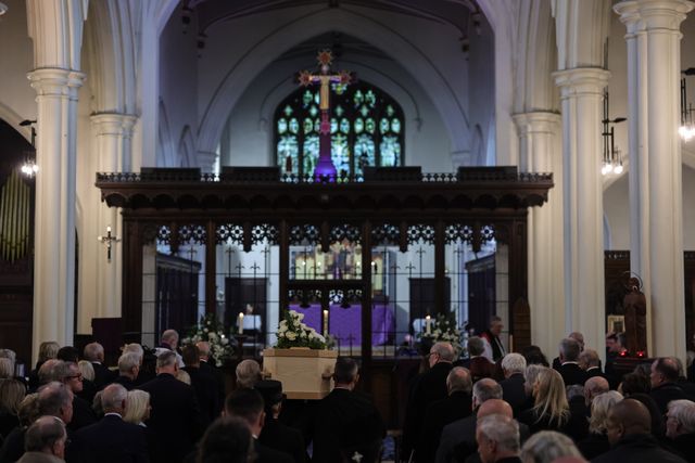 Harold Dennis “Dickie” Bird OBE coffin makes its way to the alter inside during the Funeral of Harold Dennis “Dickie” Bird OBE at St Mary's Church, Barnsley, United Kingdom, 19th October 2025

(Photo by Mark Cosgrove/News Images)