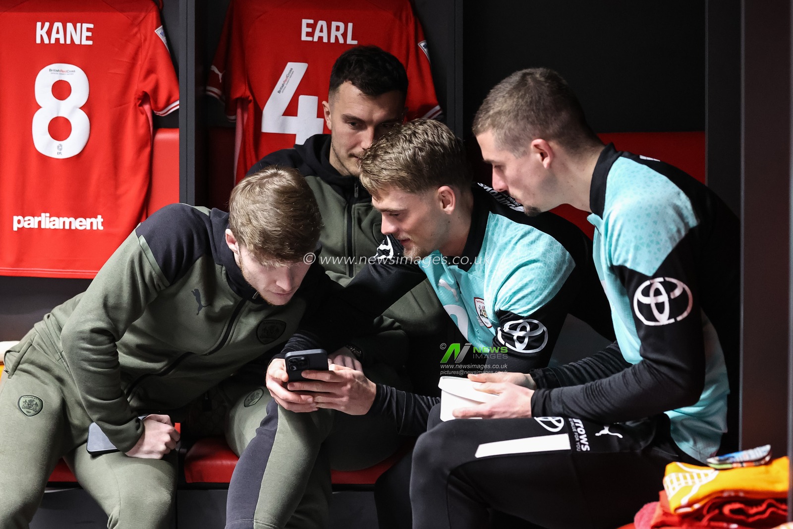 Luca Connell of Barnsley Josh Earl of Barnsley Josh Benson of Barnsley \and Max Watters of Barnsley in the home dressing room during the Sky Bet League 1 match Barnsley vs Lincoln City at Oakwell, Barnsley, United Kingdom, 9th March 2024

(Photo by Mark Cosgrove/News Images)