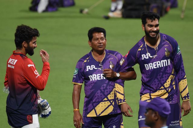 Royal Challengers Bengaluru's (RCB) captain Rajat Patidar, left, with Kolkata Knight Riders' (KKR) Venkatesh Iyer, right, and coach Chandrakant Pandit at the a practice session ahead of an Indian Premier League (IPL) 2025 T20 cricket match between Kolkata Knight Riders and Royal Challengers Bengaluru, at the Eden Gardens Cricket Stadium in Kolkata,India, Friday, March 21, 2025.Pictures by Debajyoti Chakraborty.(Photo: Debajyoti Chakraborty/News Images)