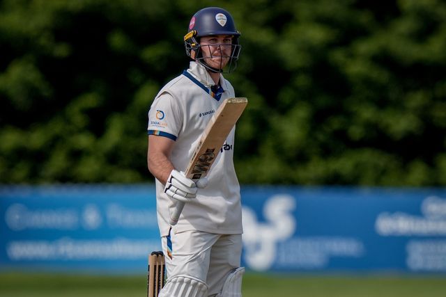 Matthew Montgomery raises his bat towards the pavilion after scoring a half century during the County Championship Division Two Derbyshire v Gloucestershire at The Central Co-Op County Ground, Derby, United Kingdom on 26 April 2026

(Photo by Maynard Manyowa/News Images)