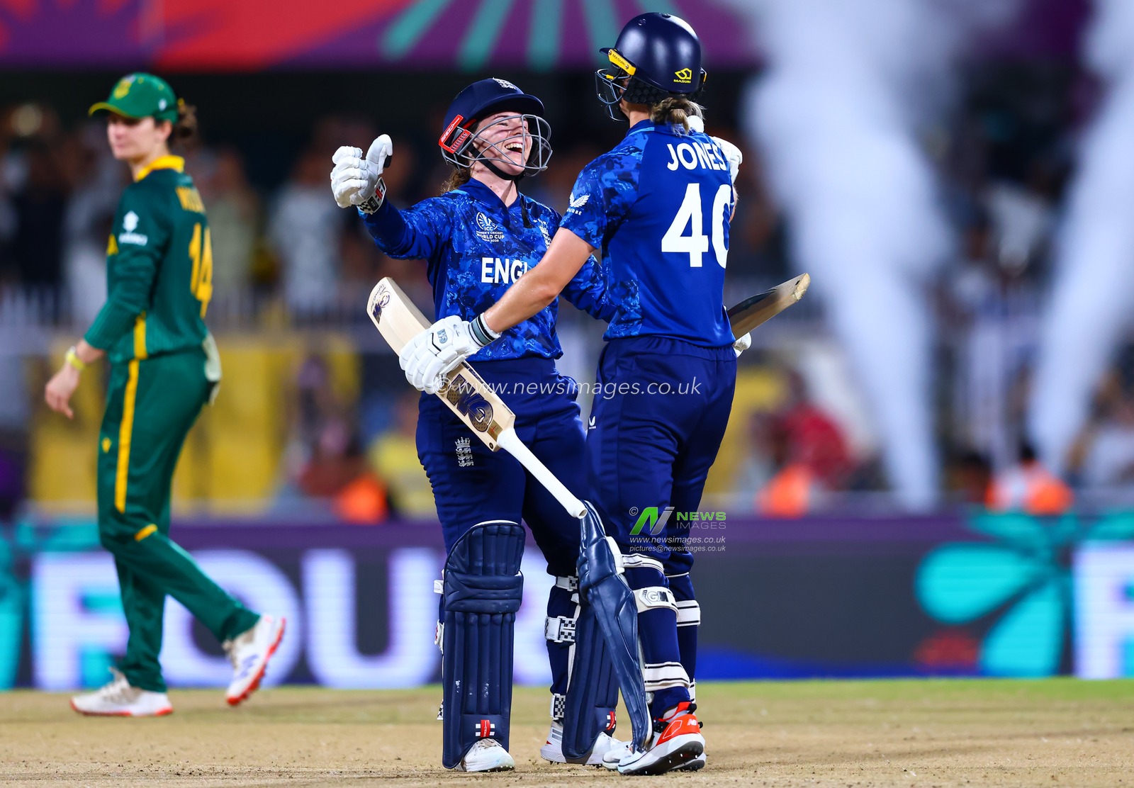 Tammy Beaumont of England and Amy Jones of England celebrating after winning the match during the ICC Women's World Cup match 04 England Women vs South Africa Women at ACA Barsapara Cricket Stadium, Guwahati, Assam / India, 3rd October 2025

(Photo by Shubhajit Roy Karmakar/News Images)