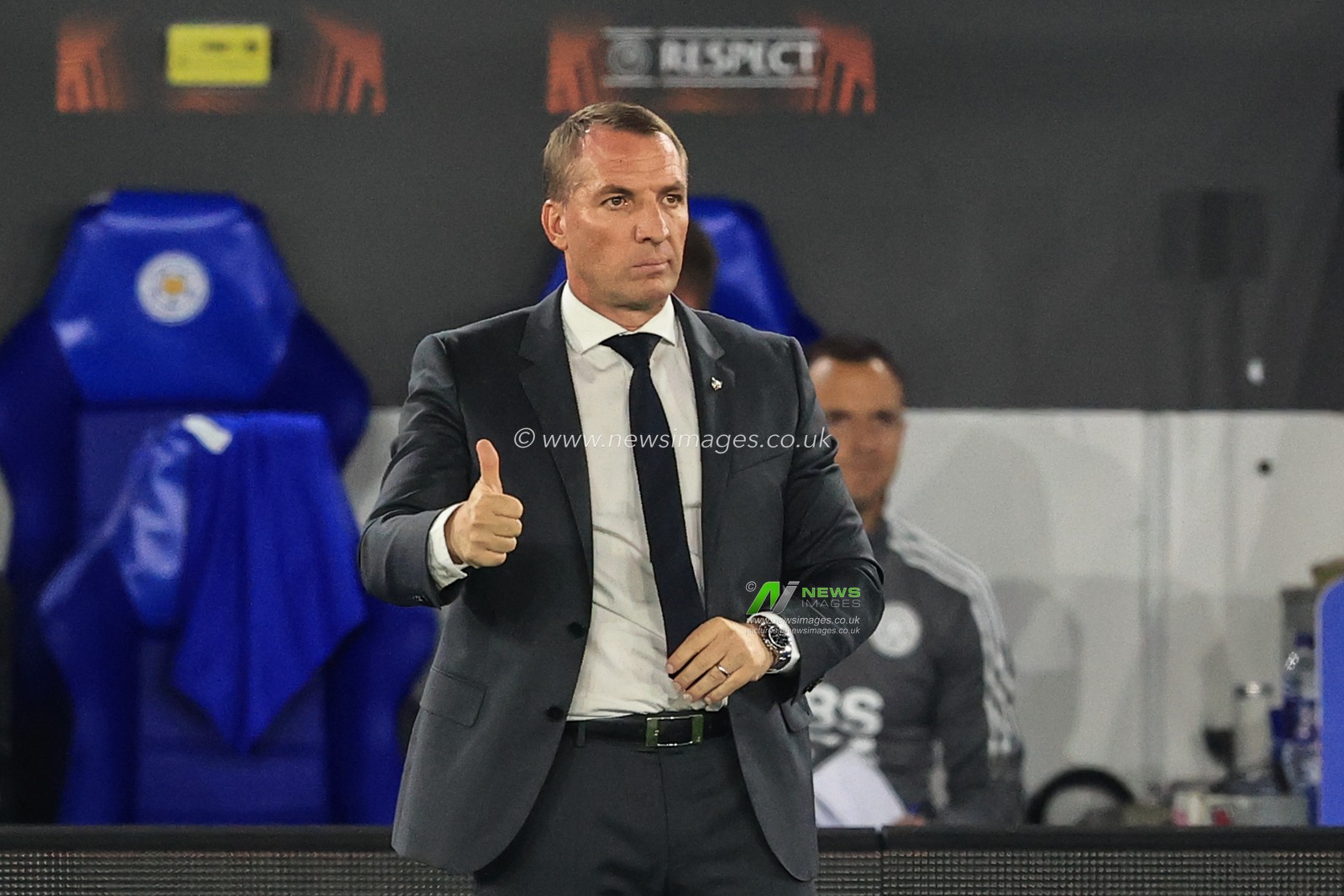 Brendan Rogers manager of Leicester City gives his players the thumbs-up
