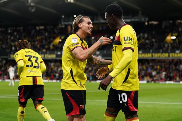 Iker Bravo of Watford and Mamadou Doumbia of Watford celebrate 2-1 lead during the Sky Bet Championship match Watford vs Preston North End at Vicarage Road, Watford, United Kingdom on 08 September 2026

(Photo by Harvey Murphy/News Images)