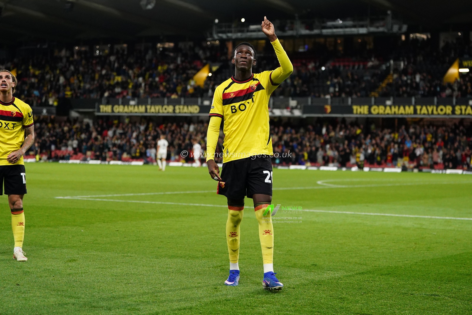 Mamadou Doumbia of Watford points to the sky as he celebrates 2-1 lead during the Sky Bet Championship match Watford vs Preston North End at Vicarage Road, Watford, United Kingdom on 08 September 2026

(Photo by Harvey Murphy/News Images)