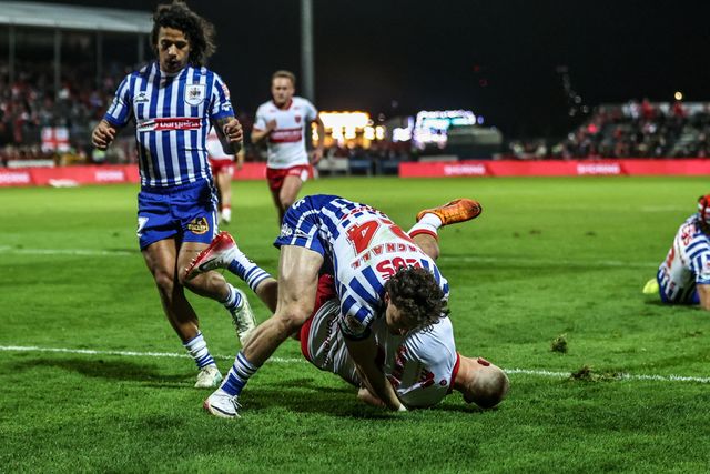Mikey Lewis of Hull KR goes over for a try during the Betfred Super League round 6 match Hull KR vs St Helens at Sewell Group Craven Park, Hull, United Kingdom on 27 March 2026

(Photo by Alfie Cosgrove/News Images)