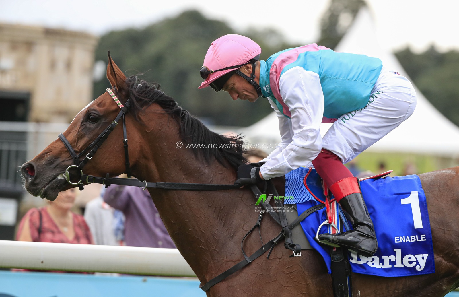 22nd August 2019 , York Racecourse, York, Great Britain; 2019 Darley Yorkshire Oaks/Ladies Day ; Enable ridden by Frankie Dettori runs on to win the Darley Yorkshire Oaks 

Credit Conor Molloy/News Images