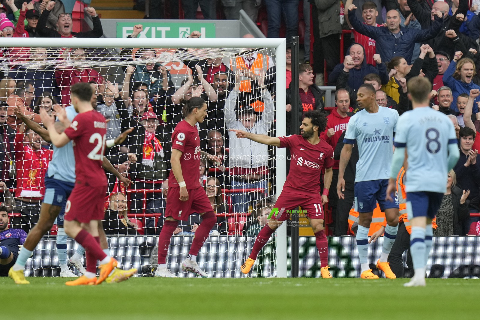 Mohamed Salah #11 of Liverpool reacts after scoring to make it 1-0 during the Premier League match Liverpool vs Brentford at Anfield, Liverpool, United Kingdom, 6th May 2023

(Photo by Steve Flynn/News Images)