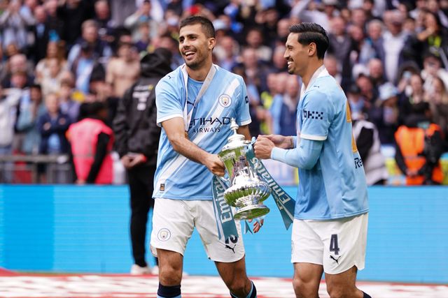 Rodri of Manchester City and Tijjani Reijnders of Manchester City celebrate with the Fa cup trophy during the Emirates FA Cup Final match Chelsea vs Manchester City at Wembley Stadium, London, United Kingdom on 16 May 2026

(Photo by Harvey Murphy/News Images)